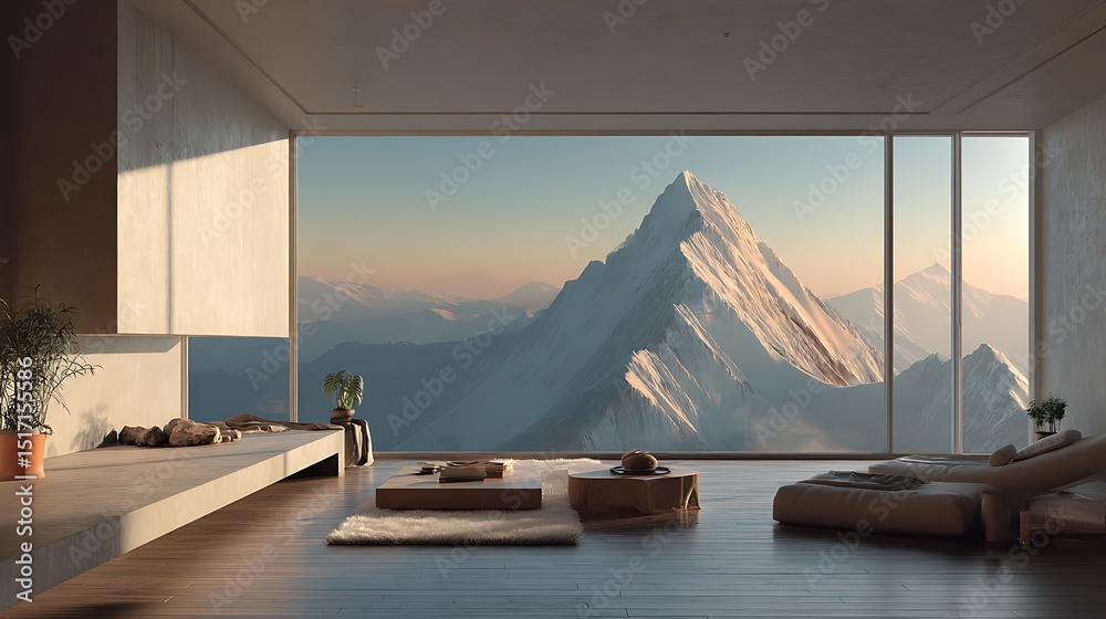 Poster Modern architectural interior with mountain view at dawn highlighting minimal design elements