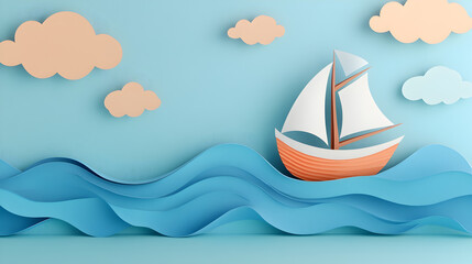 un barco navegando por las olas del oceano con nubes en el cielo paisaje hecho con recortes de papel resaltado a mano moderno en tonos pastel 