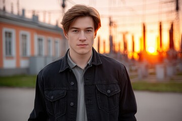 Obraz premium Young man standing confidently amidst industrial background showcasing sunset lighting and modern aesthetics in urban environment portraying youth culture and energy