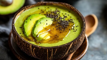 Vibrant green avocado smoothie bowl with chia seeds and honey in coconut shell
