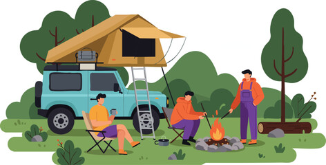 Outdoor camping scene with car tent and people enjoying fire and fishing in nature 