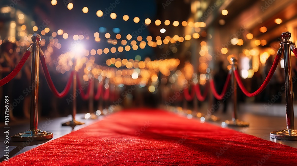 Poster red carpet rolling out in front of glamorous movie premiere background