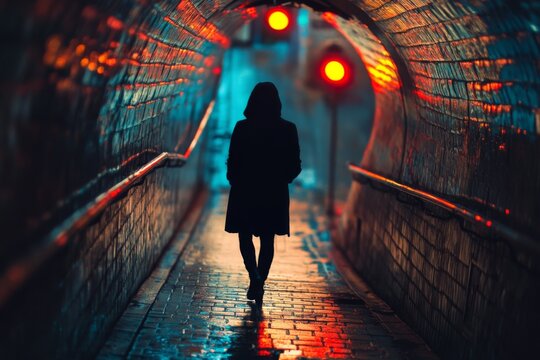 Silhouette of woman walking in tunnel illuminated by warm and cool lights