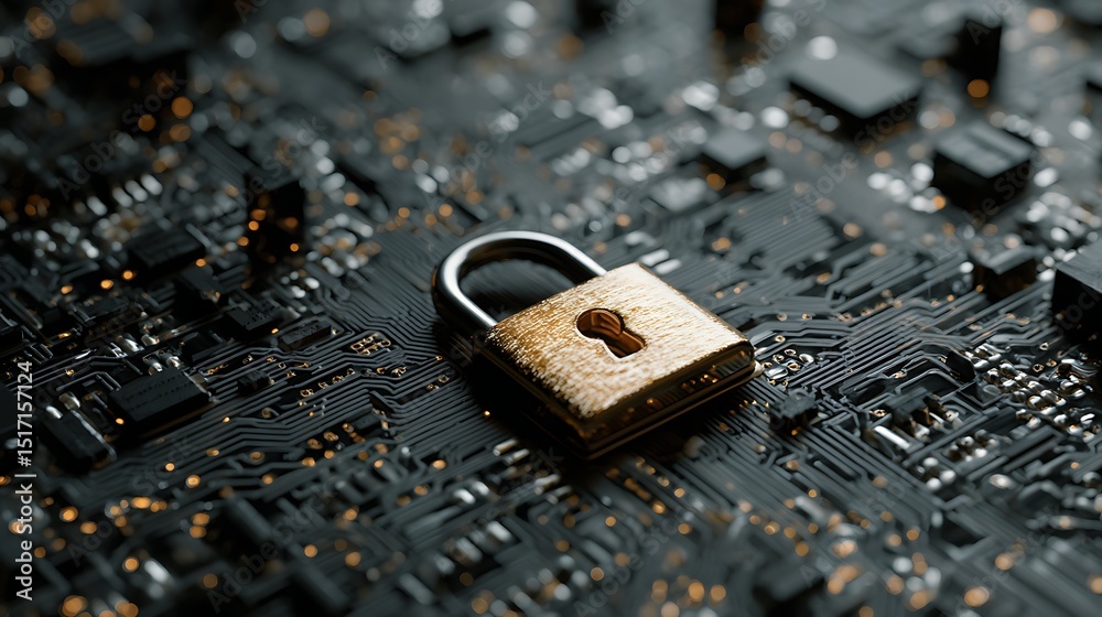 Poster Secure connection or cybersecurity service concept of compute motherboard closeup and safety lock with login and connecting verified credentials as wide banner design -