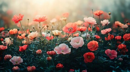 Vibrant poppy field in soft sunlight
