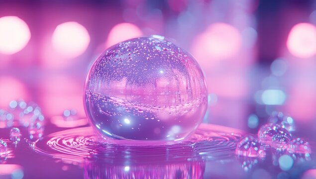 Crystal sphere,  neon lights,  water ripples,  abstract,  glowing
