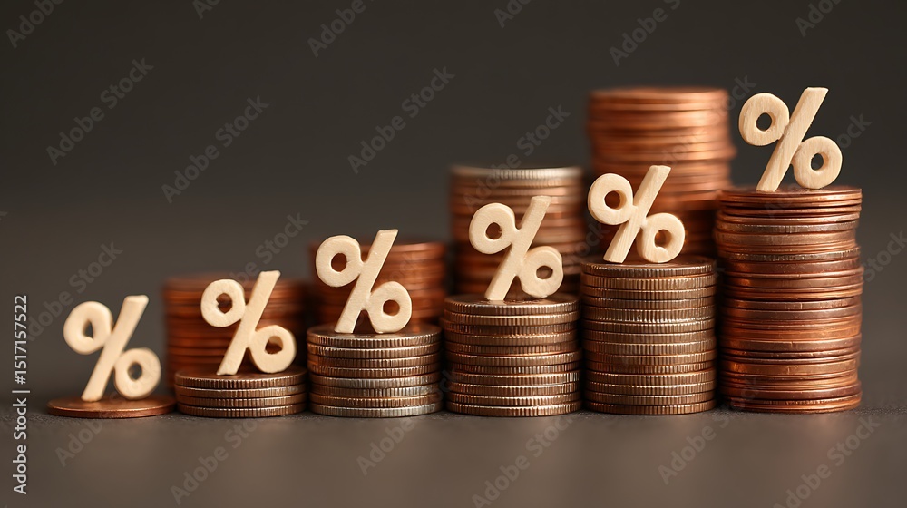 Poster Stacks of coins and percentage symbol showing idea of interest rates and value appreciation