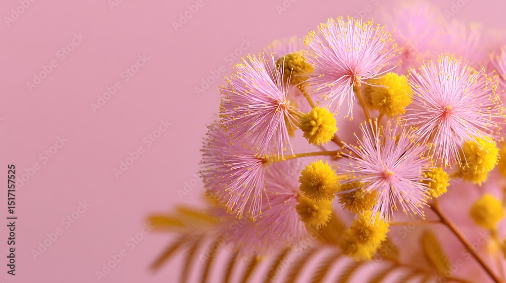Poster springtime macro of a mimosa flower with a yellow hue isolated pastel background copy space
