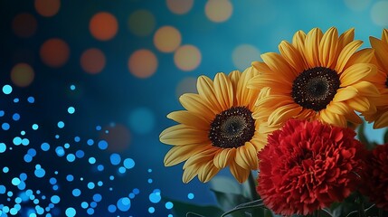 Vibrant sunflowers and carnations in a bouquet, soft focus bokeh background
