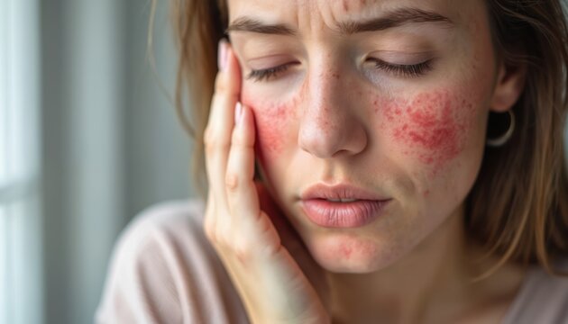 Woman with allergic reaction, skin redness. Suffering from dermatitis, eczema, irritation, itching. Red spots on face, cheeks. Health care, dermatology problem, dry skin care.