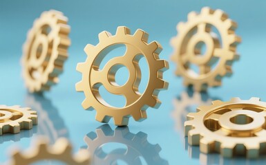 Golden Gear Mechanisms: An artistic display of interconnected gear mechanisms, highlighting the concept of intricate functionality and engineering. Symbolizing precision, teamwork.
