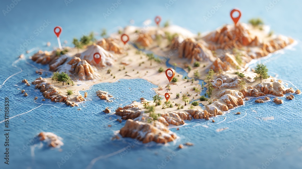 Poster 3D map travel location, locator mark of map and location pin or navigation icon sign on background with search, 3d rendering