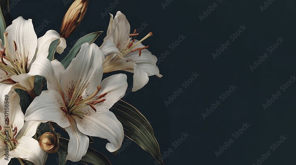 Aufkleber a banner with a dark background and white lily flowers, mourning is depicted through the imagery, re