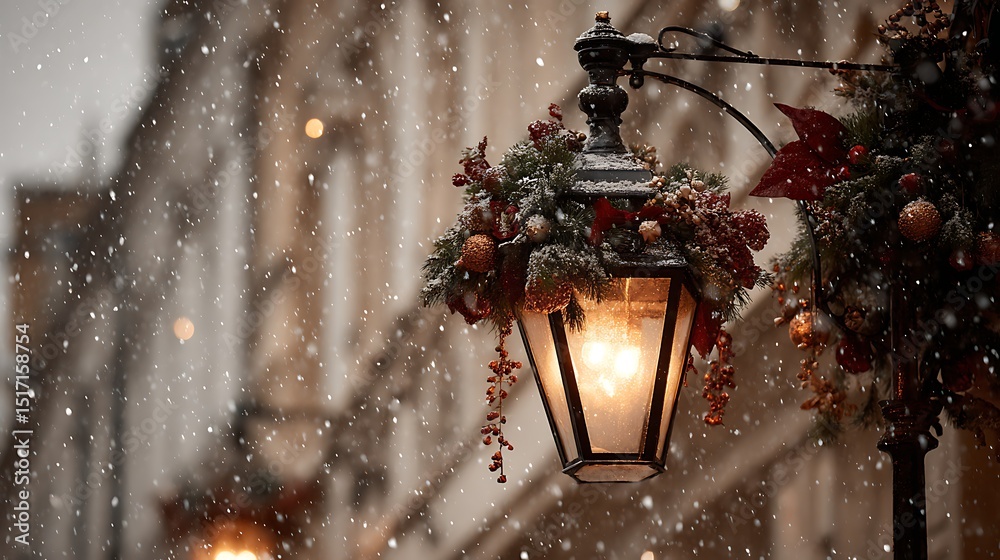 Poster a charming street lamp adorned with festive decorations glows warmly amidst falling snowflakes, crea
