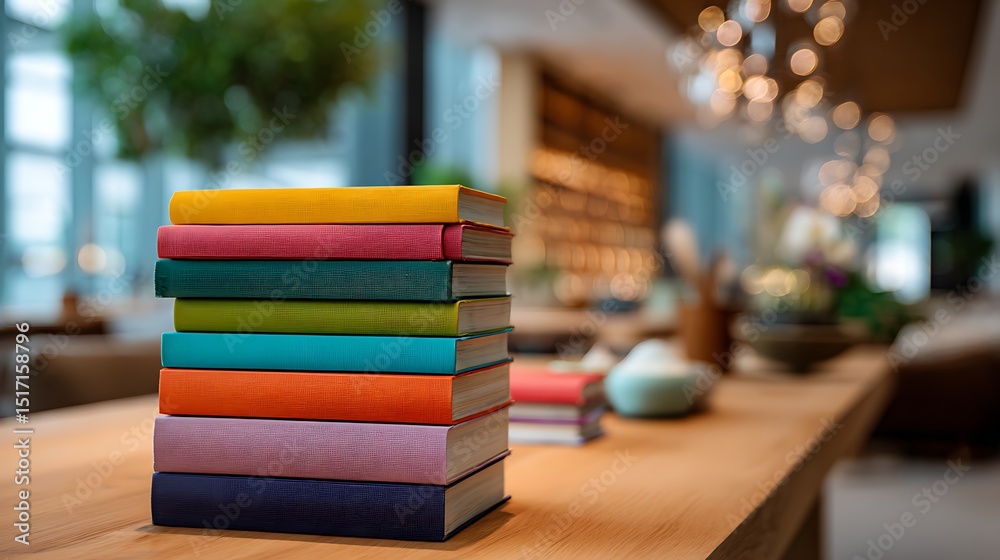 Poster a colorful stack of books on a wooden table in a modern library, offering a vibrant and organized lo