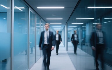 Fototapeta premium Business Executives: A dynamic shot of business executives striding confidently down a modern office corridor, symbolizing progress and ambition in a professional setting.
