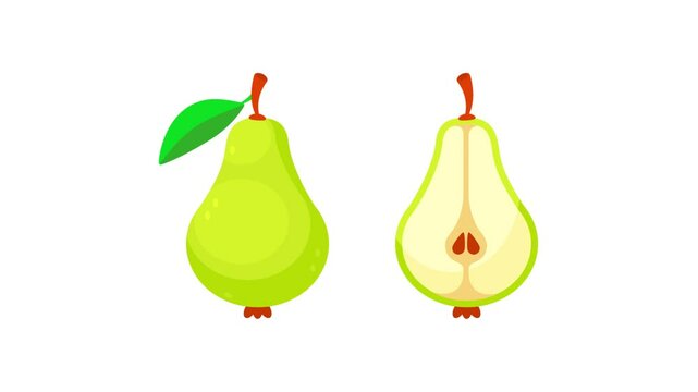 Green pear rotating and showing its inside on white and blue background