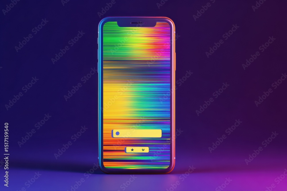 Poster glitchy smartphone screen displaying error popups in vibrant rainbow colors above a dark background