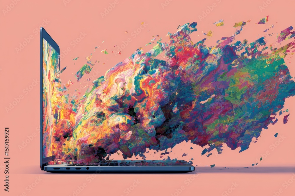 Poster Illustration of a Laptop With a Creative Glitch Effect Showing Vibrant Colors and a Dynamic Visual Explosion on Screen
