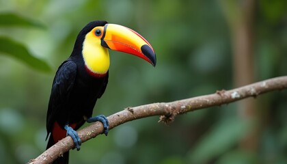 Obraz premium Toco toucan bird sitting on tree branch in exotic nature. Colorful plumage beak feathers of toucan. Wild animal wildlife concept. Amazon jungle rainforest backdrop. Tropical bird.