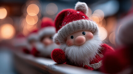 Niedliche Weihnachtsmann-Figur mit roter Mütze und warmem Bokeh im Hintergrund