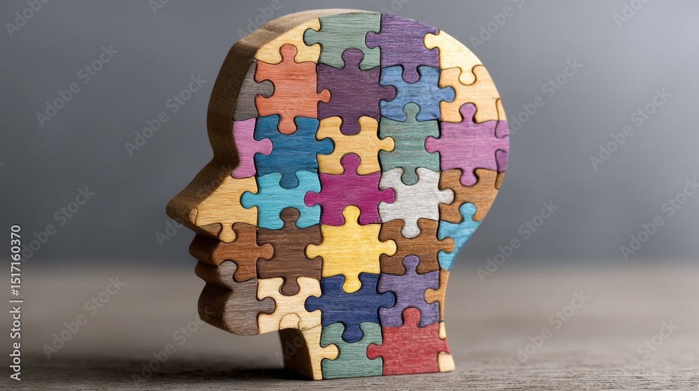 Aufkleber Colorful Wooden Brain Puzzle Showcasing Complex Thinking and Problem-Solving Abilities Through Interconnected Pieces and Abstract Design