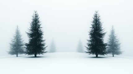 Fototapeta premium Snow covered evergreen trees stand amid heavy winter fog conditions