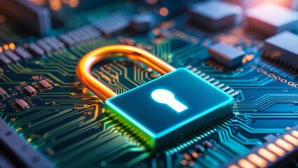 Glowing padlock on a computer circuit board symbolizes digital security and protection.