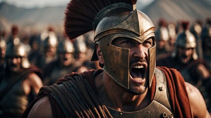 A spartan warrior in a bronze helmet yells with his troops in the background of the battle.