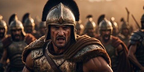 A fierce warrior leading roman soldiers into battle, with determination and anger on his face.