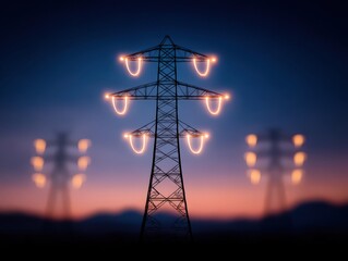 Naklejka premium Majestic power lines silhouetted against a vibrant sunset background highlighting electrical connections and energy transmission in an industrial landscape capturing dynamic infrastructure