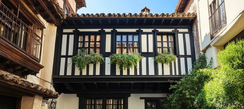 Ornate black and white building facade with decorative wooden accents and greenery - Powered by Adobe