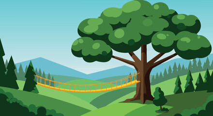 Tree with hanging rope bridge in green forest landscape with distant mountains vector illustration 