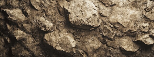 Close-up view of a rough, textured rock face.  Brown, beige, and tan tones.  Uneven, overlapping surfaces and varied rock sizes