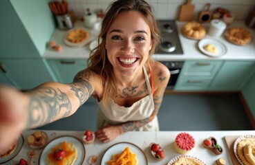Smiling woman chef takes selfie in kitchen with food. Young baker happy with homemade dessert cakes pastries for small business. Baking process, food photography.