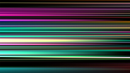 Vibrant digital stream of neon colors flowing with dynamic horizontal motion at incredible speed. Bright neon stripes in green purple yellow glide across screen. Colorful lines rush through darkness