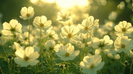White flowers gleam in bright sunlight, creating a tranquil garden scene