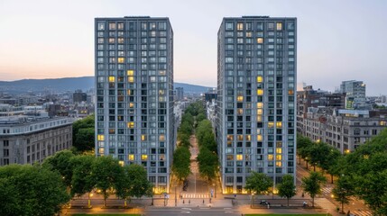 Fototapeta premium Modern urban buildings lined with trees showcasing vibrant architecture and city life illuminated at dusk creating an inviting sophisticated atmosphere captured with clarity