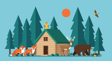 Forest wildlife scene with cabin, foxes, deer, bear, owl, and bird under orange sun 