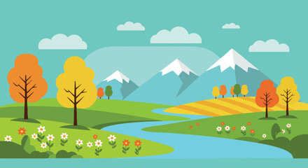 Fototapeta premium Landscape with River Mountains Autumn Trees and Flowers Natural Scene Vector Illustration 