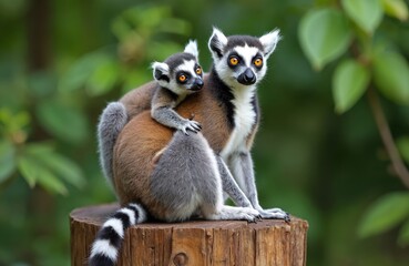 Fototapeta premium Ring-tailed lemur baby sits on mothers back. Mother holds young primate on tree stump. Animals wildlife portrait. Madagascar zoo wildlife. Exotic fauna.