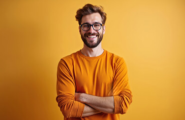 Obraz premium Happy caucasian man with glasses smiles at camera. Male wearing casual clothes in studio. Young cheerful adult with crossed arms shows positive emotion on yellow background.
