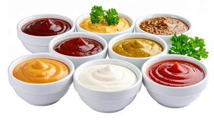 Assortment of flavorful sauces in porcelain bowls isolated on white backdrop