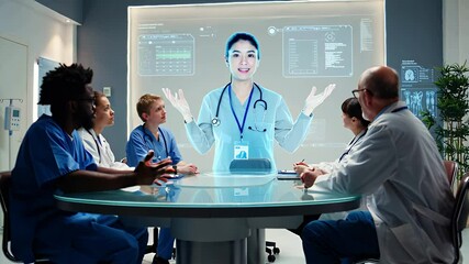 Diverse team of doctors and nurses participating in an online meeting with a hologram doctor, discussing patient charts and advanced medical data in hospital conference room - Powered by Adobe