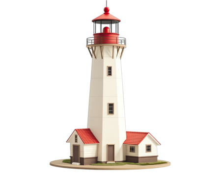 White lighthouse with red roof and details