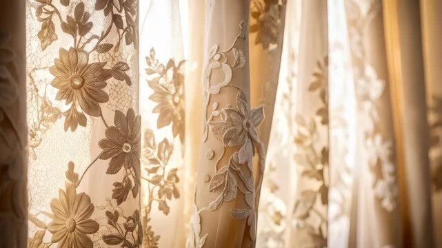 Elegant fabric curtains with floral embroidery create a gentle and soft atmosphere, offering a glimpse of tranquility and subtle sophistication.