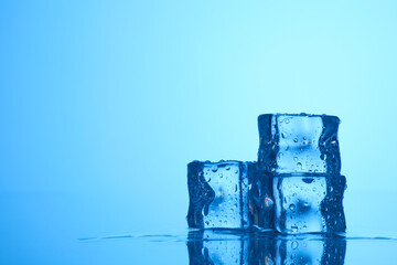 Cubes of clear ice on light blue background, closeup. Space for text