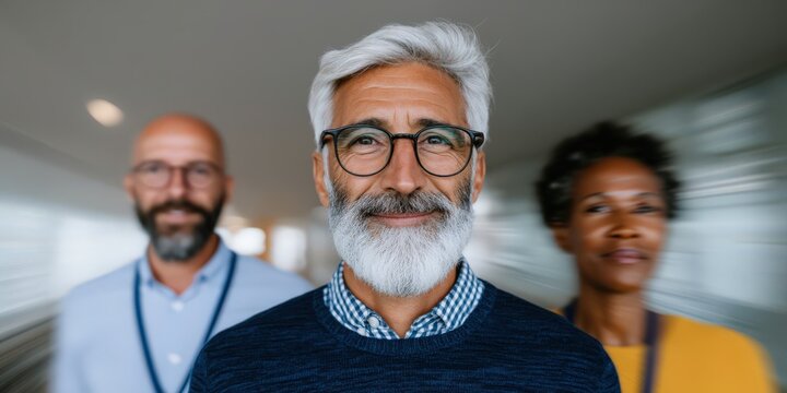 Diverse group of confident professionals, mature men and women, sharing a positive moment in a modern office environment with a blurred background highlighting teamwork and collaboration