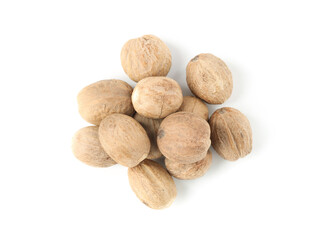 Fresh nutmegs isolated on white, top view