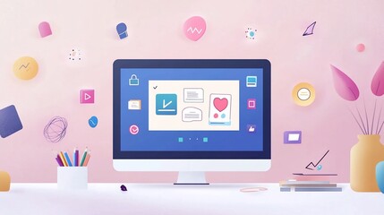 Creative workspace with desktop computer, pastel colors and decorative elements
